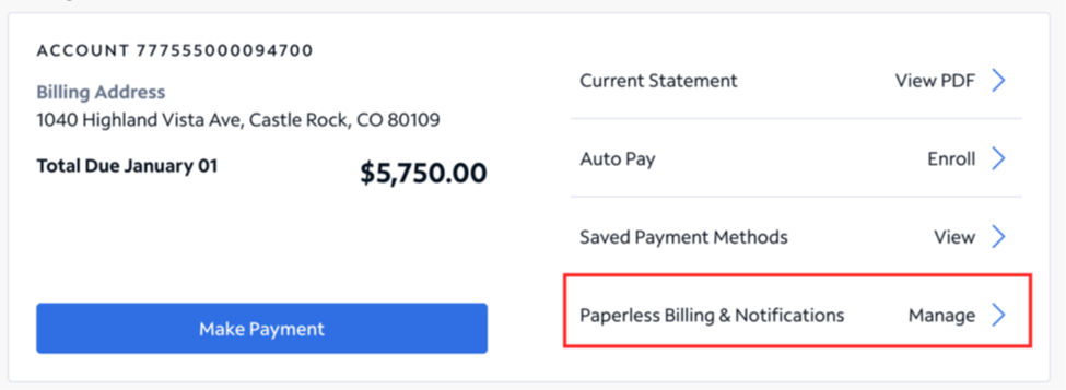A screenshot of the SpectrumEnterprise.net account page with "Paperless Billing & Notifications" highlighted