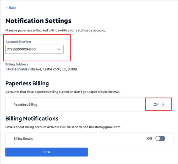 Notification settings of the SpectrumEnterprise.net account with the account number highlighted and the Paperless Billing set to Off. 