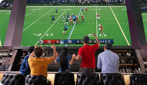 Customers celebrating and cheering with TV screens lining the walls of a restaurant or bar